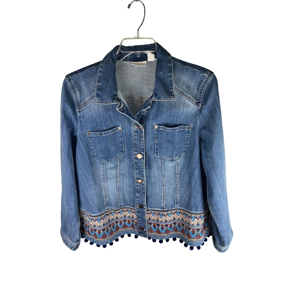 Chico's Denim Jacket Medium Wash Embroidered Pom Pom Trim Boho Size 3 XL